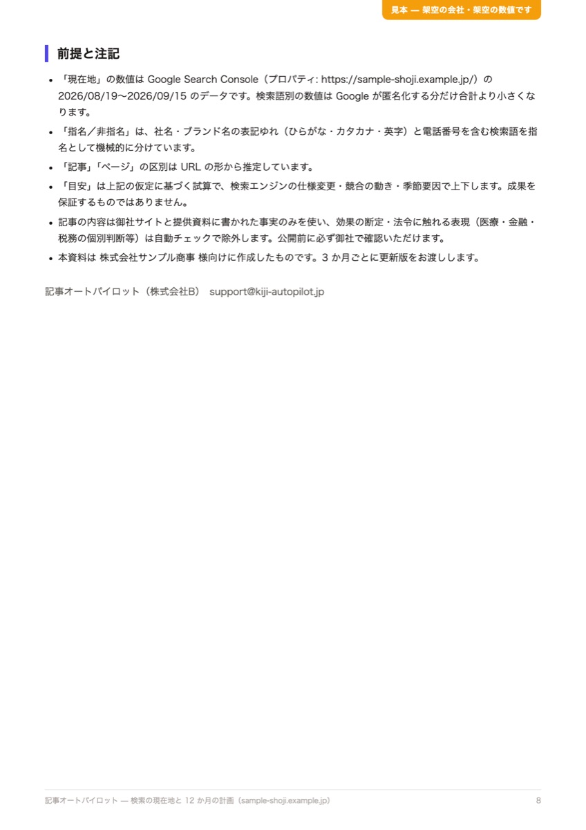 レポート 8 ページ目: 前提と注記